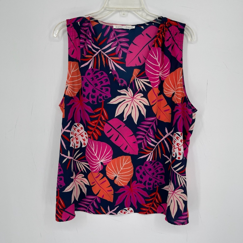 Violet + Claire Women's Multicolor Tropical Leaf V-Neck Shell Tank Top Size XL